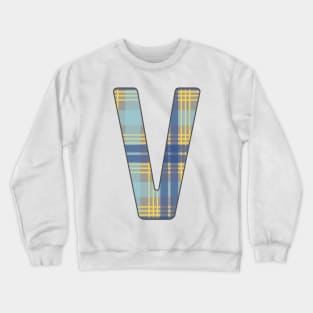 Monogram Letter V, Blue, Yellow and Grey Scottish Tartan Style Typography Design Crewneck Sweatshirt